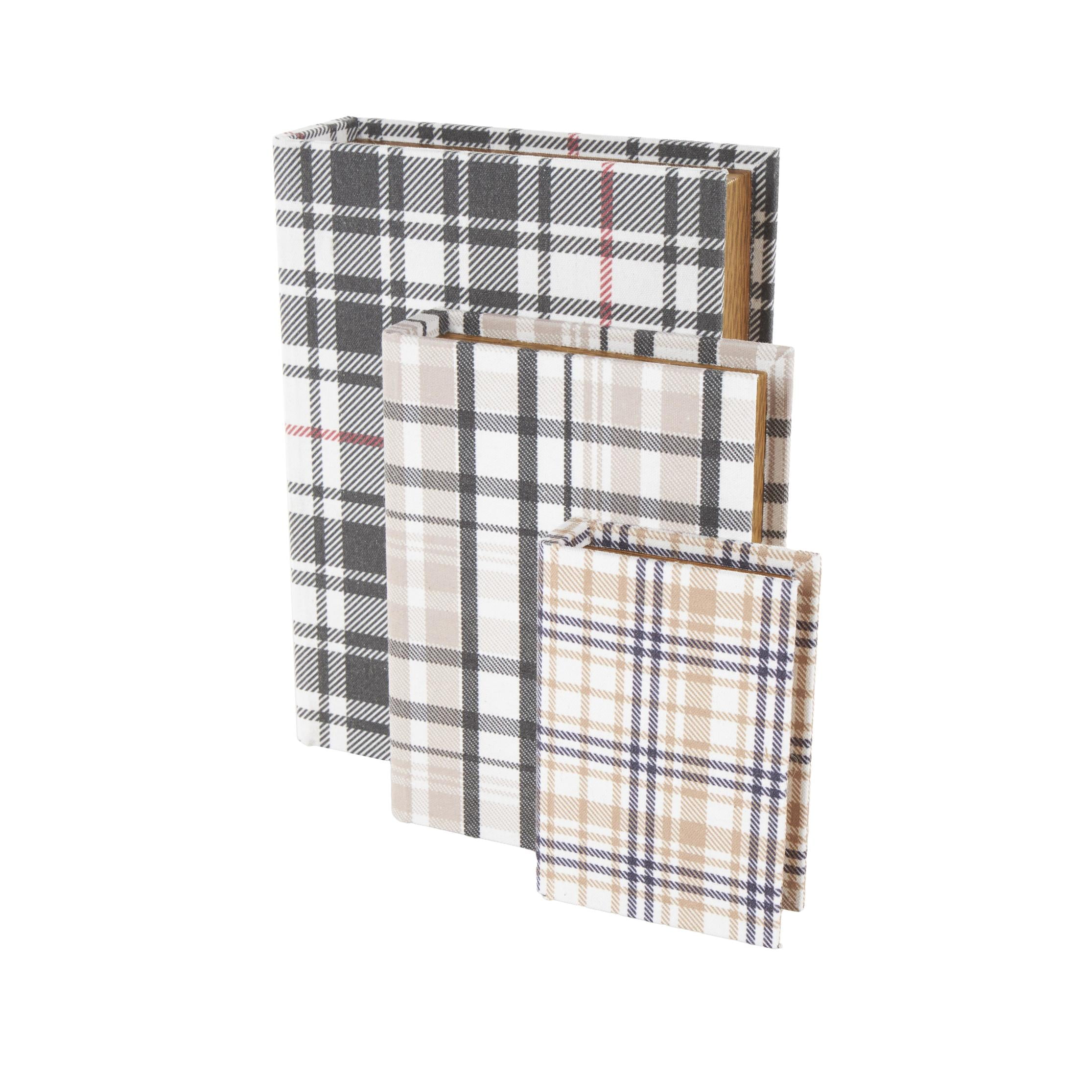 DecMode Geometric Plaid Faux Book Storage Multi Colored Canvas Decorative Box with Red and Purple Accents, 3 Count