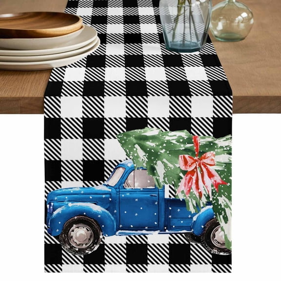 Christmas Blue Truck Table Runner 72 Inches, Xmas Tree Bow Rustic White Black Checkered Bed Runner Dresser Scarves Tabletop for Indoor Outdoor Parties/Ceremony/Banquet, 13" x 72"