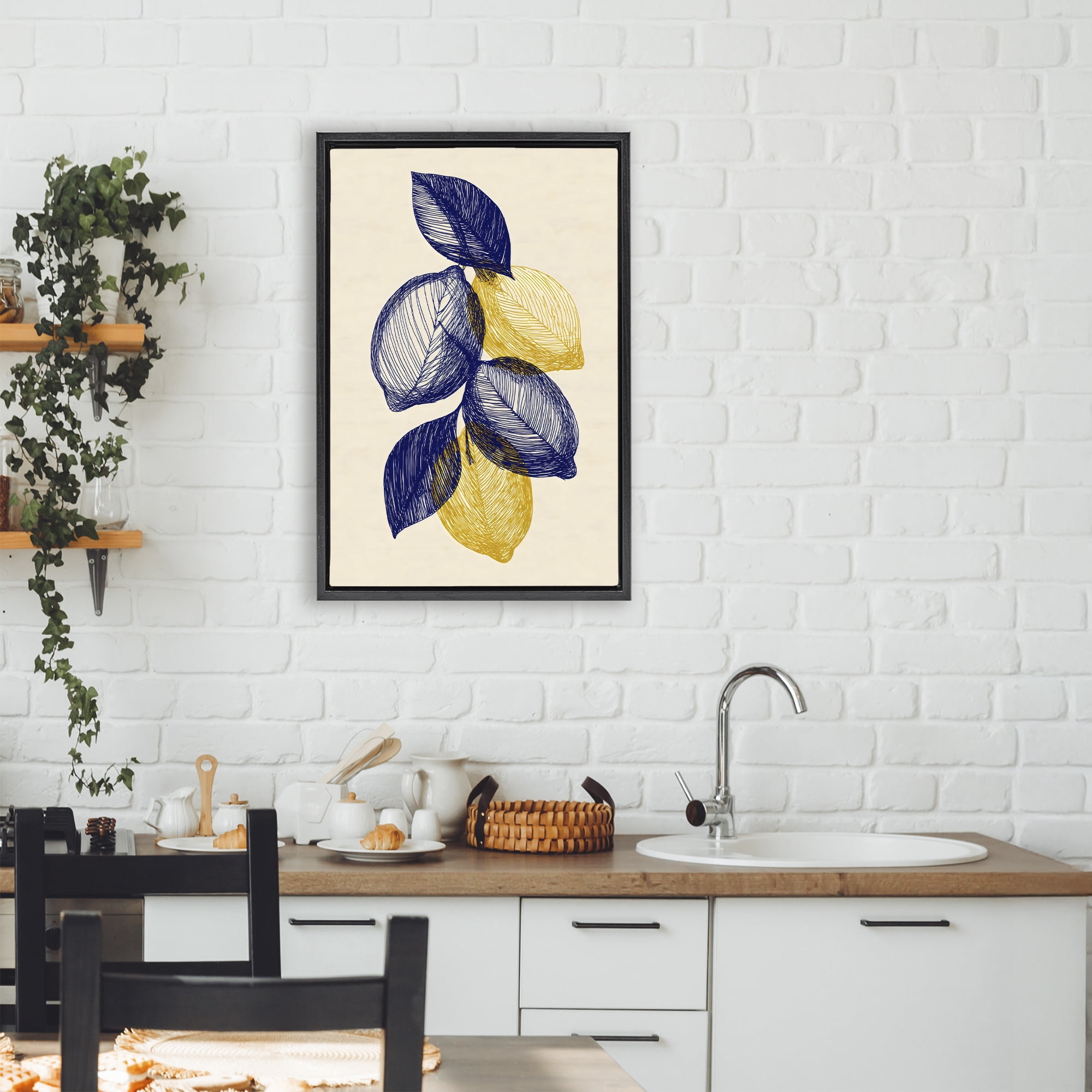 Stupell Industries Navy Lemons Botanical Sketch Black Framed Floater Canvas Wall Art, design by Petal Prints Design