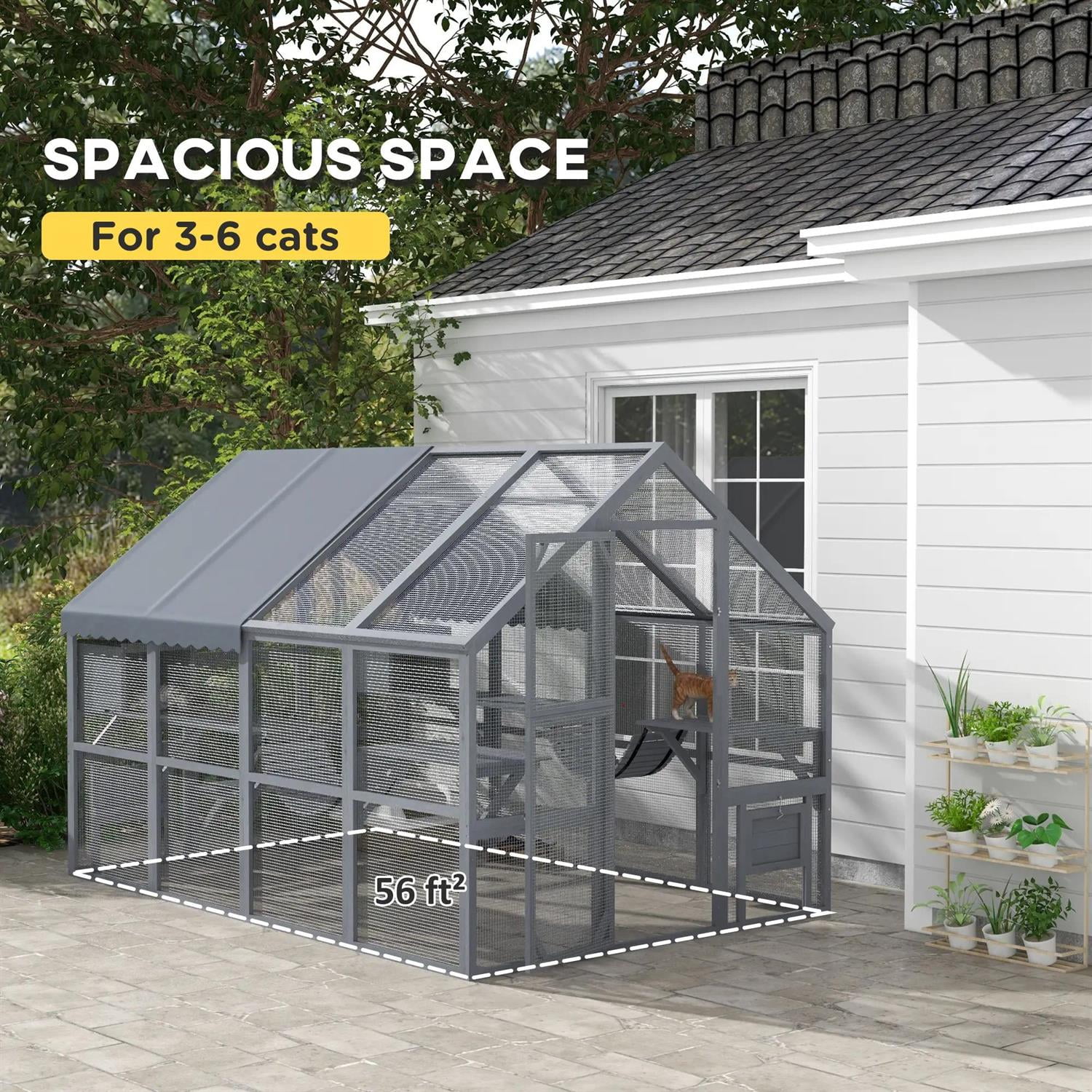 Pefilos 110" Outdoor Cat Cage with Waterproof Cover, 2 Condos, 4 Platforms, Bridge, Wooden Catio House for 2-3 Kittens Cats, Indoor Cat Enclosure, Gray