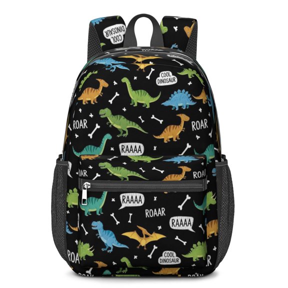 Black Cartoon Dinosaurs Text Pattern 17" Waterproof Oxford School Backpacks for Teens, S-Shape Padded Straps, for School, Travel, Hiking, Camping