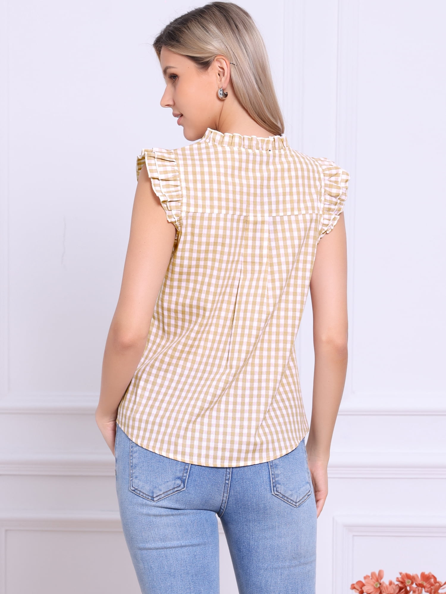 DARING DIVA Women's Ruffle Shirt Vintage Cap Sleeve Checkered Blouse XL Light Khaki