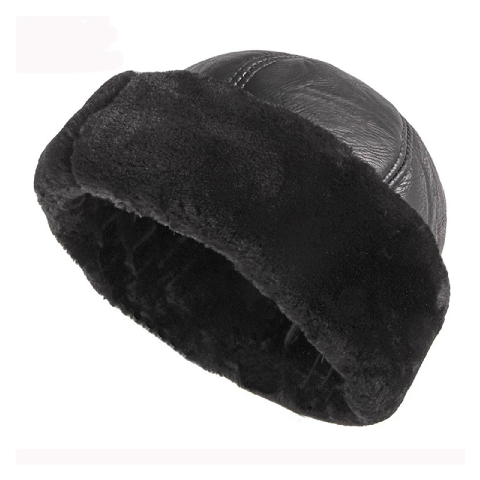 Thick Outdoor Warm Winter Hat Men Black Fur Leather Male Windproof Snow Ski Cap Fleece Lined ,Classic Vintage