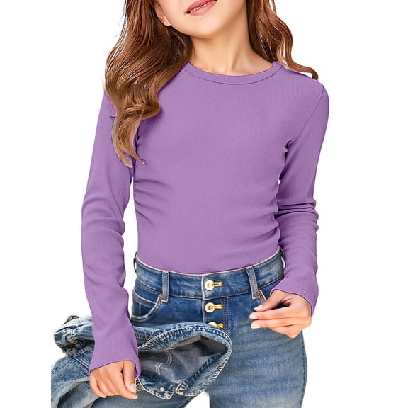 Girls Tshirts Solid Long Sleeve Stretchy Round Neck Ribbed Slim Fit Casual Basic Top Girls Tops Purple 8-9Y