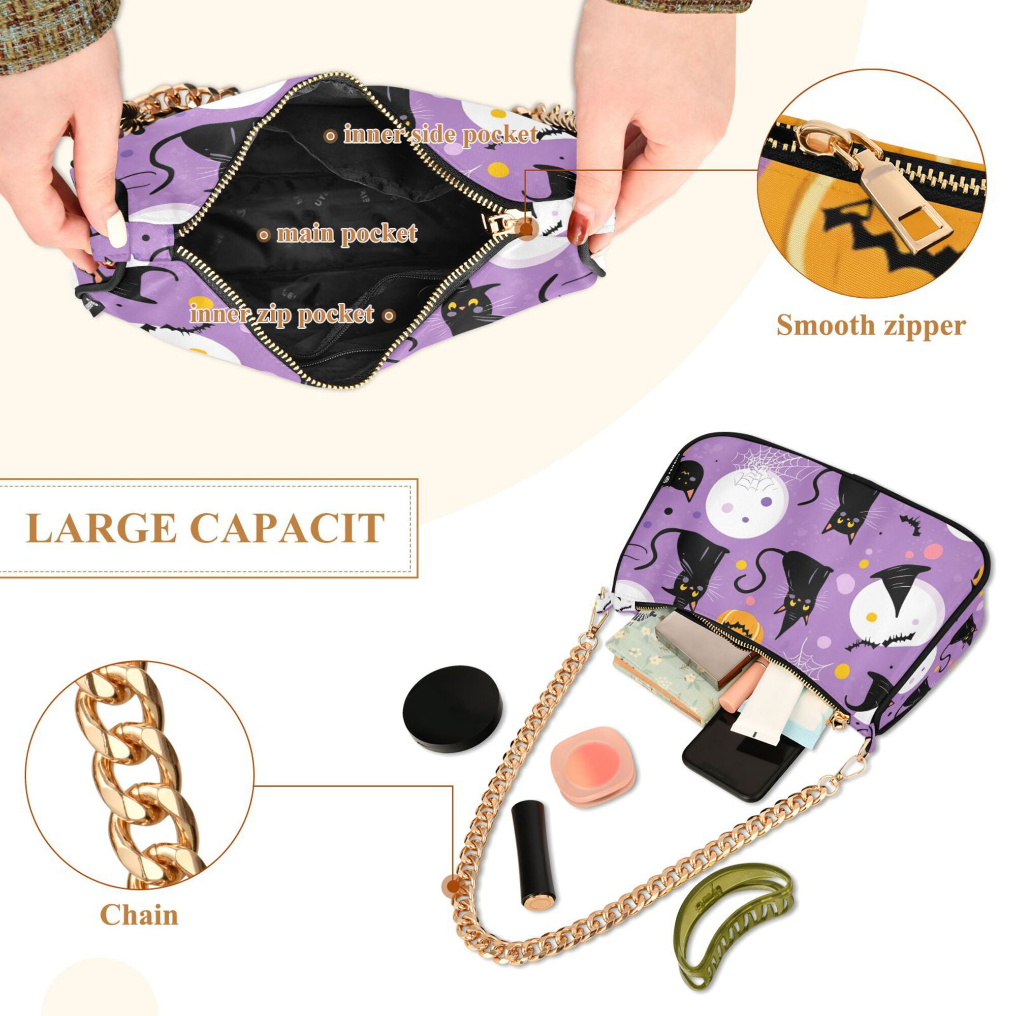 FORMRS Womens Shoulder Bag with Chain Strap Clutch Purse Cute Tote Handbag, Purple Halloween Pattern