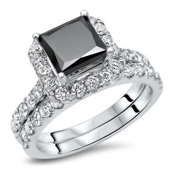 NYS Jewellers Women's 925 Sterling Silver 2.40 Ct Princess Cut Black Diamond Engagement Wedding Thanksgiving Christmas Bridal Ring Set 14K White Gold Plated -10
