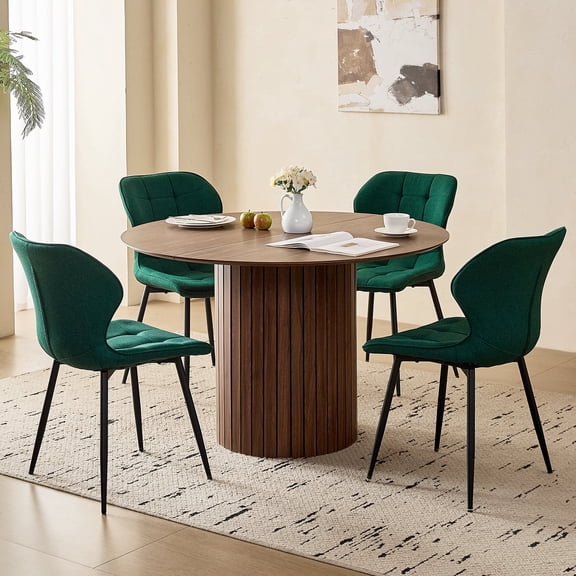 47" Round Dining Table Set of 4 Brown, Green Water Resistant Fabric Dining Chairs Set of 4