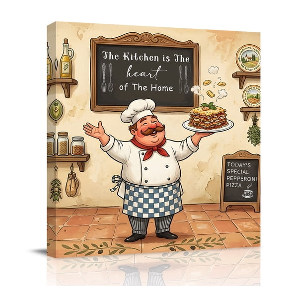 Retro Cartoon Chef Canvas Wall Art for Living Room, Vintage Classic Food Farmhouse Rustic Kitchen Poster Print Painting for Bedroom Office Home Decoration Wall Pictures Prepare To Hang 8"x8"