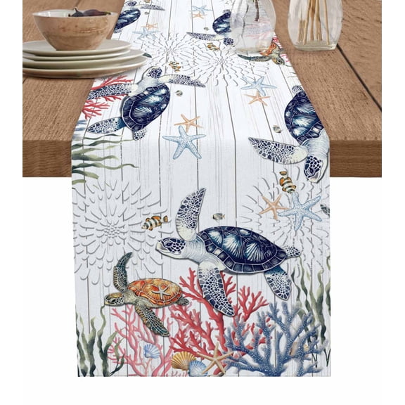 ERUNPONLY Blue Sea Turtle Coastal Table Runner - 36 Inch Long Summer Beach Coral Shell Wooden Cotton and Linen Blended Dress Scarves Farmhouse Table Runner for Kitchen Dining, Coffee Table, 13"x36"