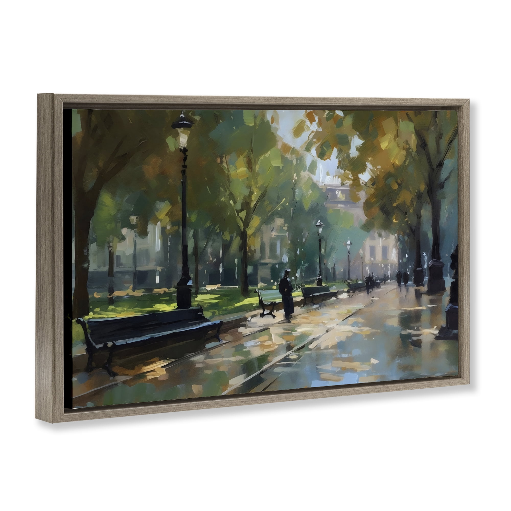 Stupell Industries Park Promenade on Rainy Day Brown Framed Floater Canvas Wall Art, design by Creative Studio