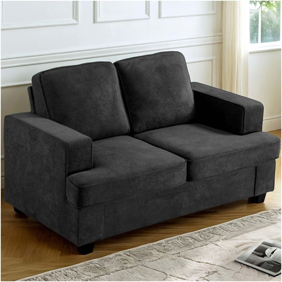 Modern Velvet Loveseat Sofa for Small Spaces, 2-Seater Couch with Plush Cushions, Wide Arms, for Living Room, Apartment, Office in Soft Black Velvet
