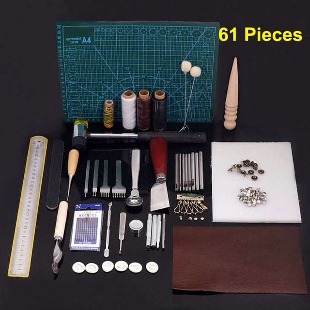 Kit Completo de Herramientas para Artesanía en Cuero, Incluye 61 Piezas para Cosido, Grabado y Afilado, Ideal para Principiantes y Expertos en Creaciones de Piel.