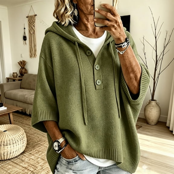 HaCpiu Women's Henley Hooded Knit Poncho, Solid Loose 3/4 Sleeve Pullover, Lightweight Button-Up Drape Sweater with Drawstring, Army Green L
