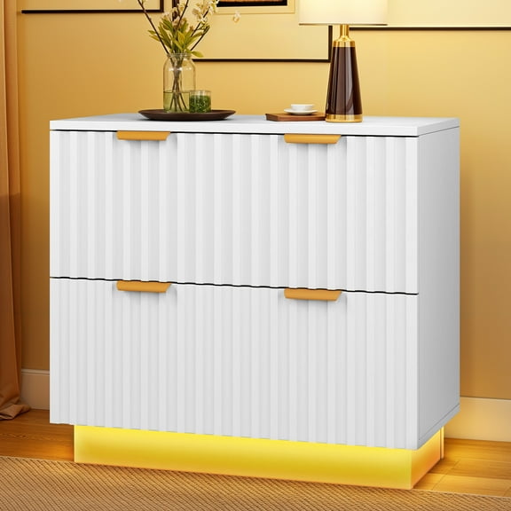 Uforic Fluted File Storage Cabinet with LED Lights, File Organizer with 2 Drawers, White
