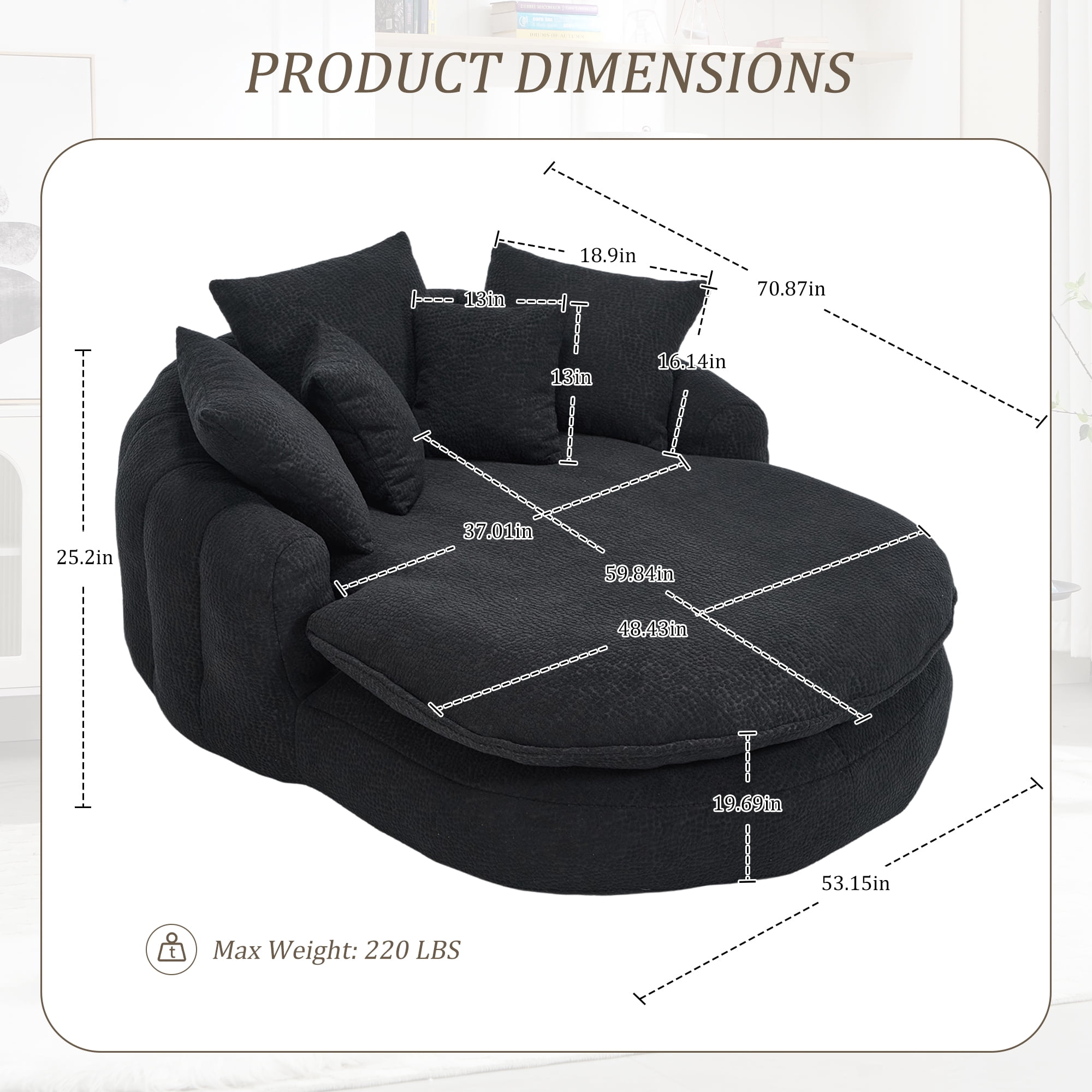 GARITIN Bean Bag Couch Chairs, Memory Foam,70.87 in x 53.15 in x 25.2 in ,Black