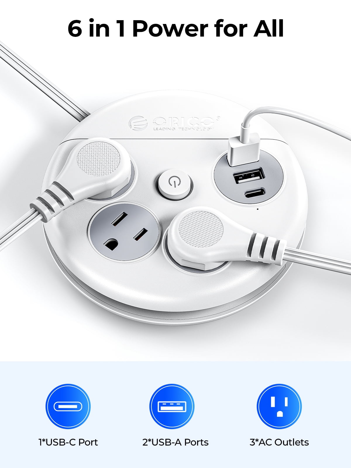 ORICO Power Strip with Switch , 3-Outlet USB Charging Station with 2 USB A & 1 USB C Ports, 4 ft Extension Wrapped Cord, Ultra Flat Plug, Wall Mount , Travel Cruise Office School Dorm Room Essentials