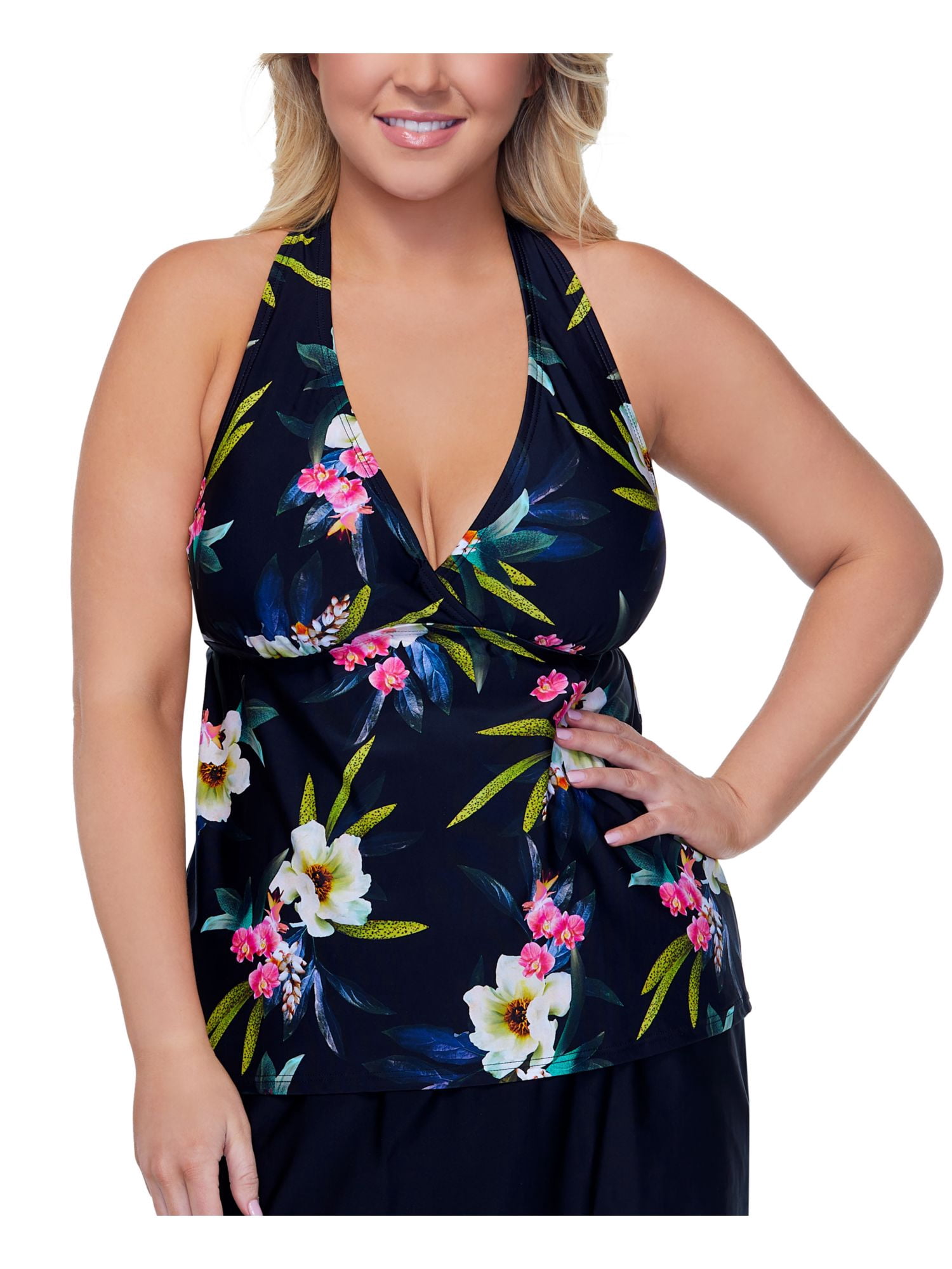 ISLAND ESCAPE Women's Black Tropical Print Stretch Full Bust Support  Racerback Lined Surplice Cutout Tahiti Beach Tankini Swimsuit Top 24W -  Walmart.com