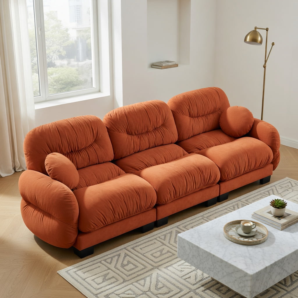 Hommoo Chenille 3-Seater Modular Sofa with Pleated Back, Ergonomic High-Density Foam & Curved Armrests, Includes 2 Round Throw Pillows, Orange