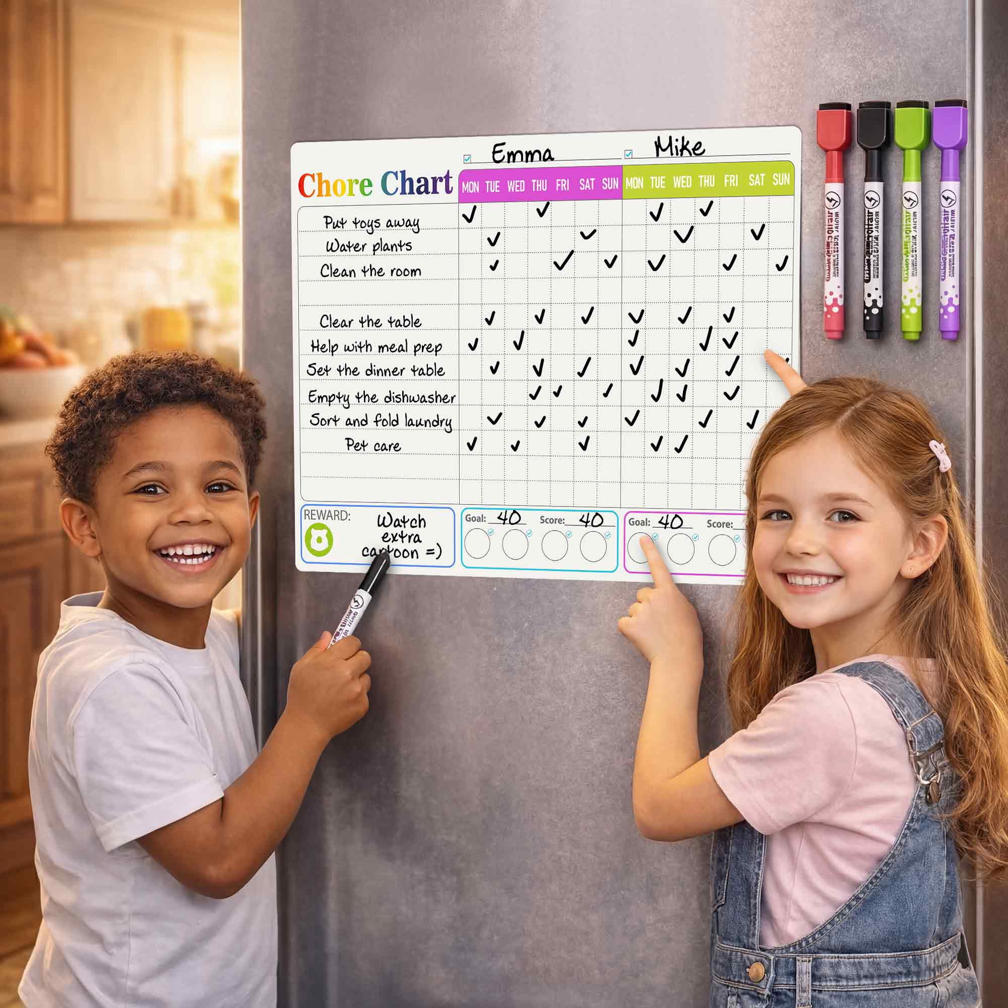 Quokka Magnetic Behavior Chore Chart for Multiple Kids, Multicolor 17x13 - Dry Erase Wall Chart 2 Set