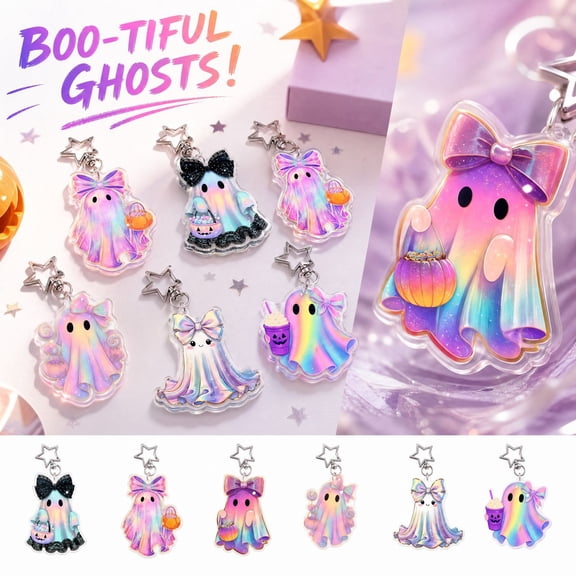 Halloween Ghost Decorations, Charms for Keychain Making, Halloween Bracelet Charms, Holographic, 6-Piece Pastel Iridescent Acrylic Ghost Ornaments with Bows and Tiny Pumpkin Treat