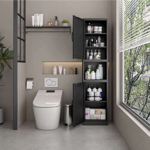 67" Tall Narrow Storage Cabinet, Bathroom Linen Tower, Reversible Doors, Adjustable Shelves, Black