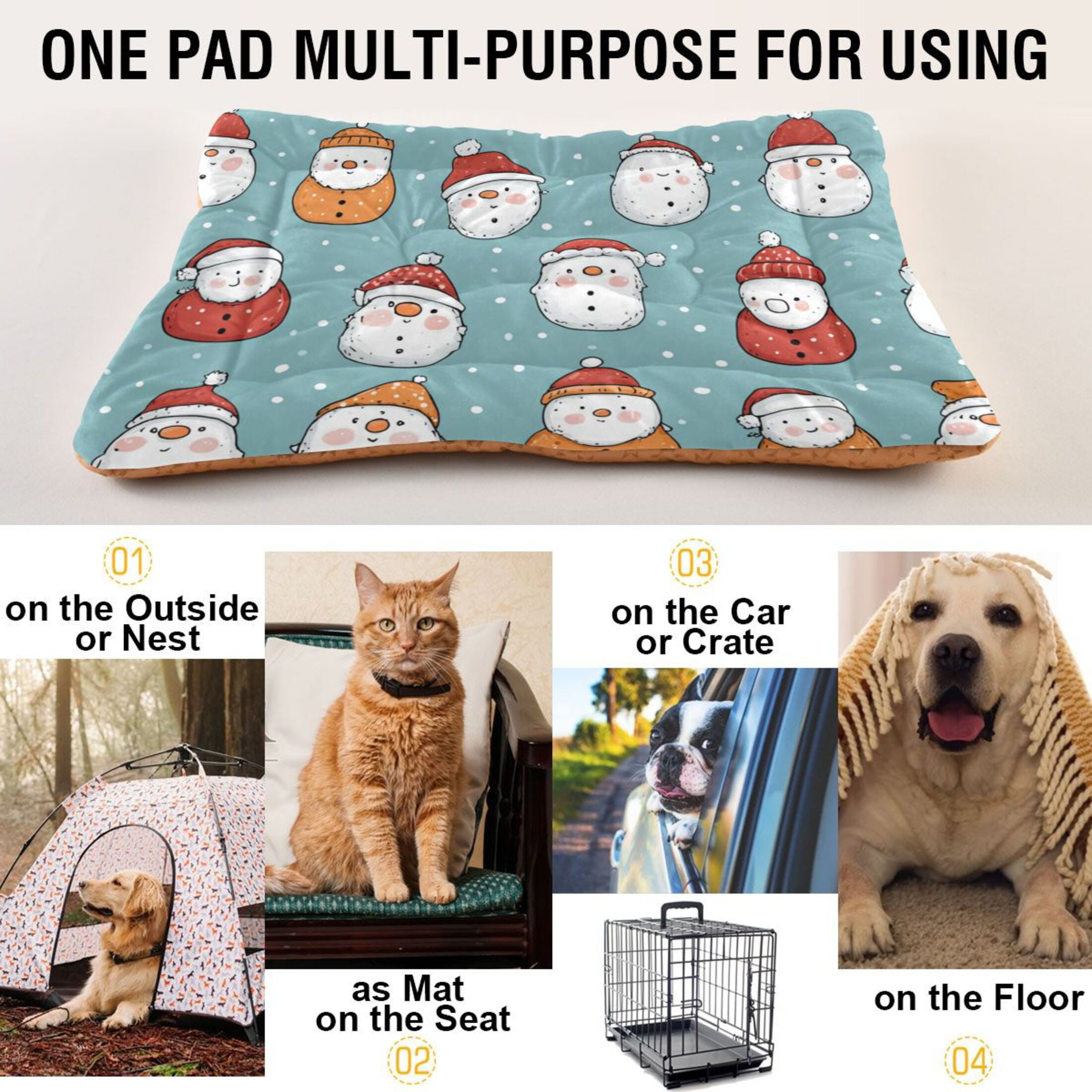 Cozy Mat Pet Bed Indoor Outdoor Warm Soft For Cat Dog Puppy(S/M) Snowmen Wearing Red and Orange Hats