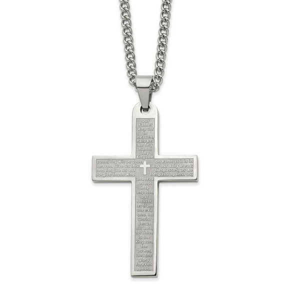 Primal Steel Stainless Steel Polished Lord's Prayer Cross 24-inch Curb Chain Necklace