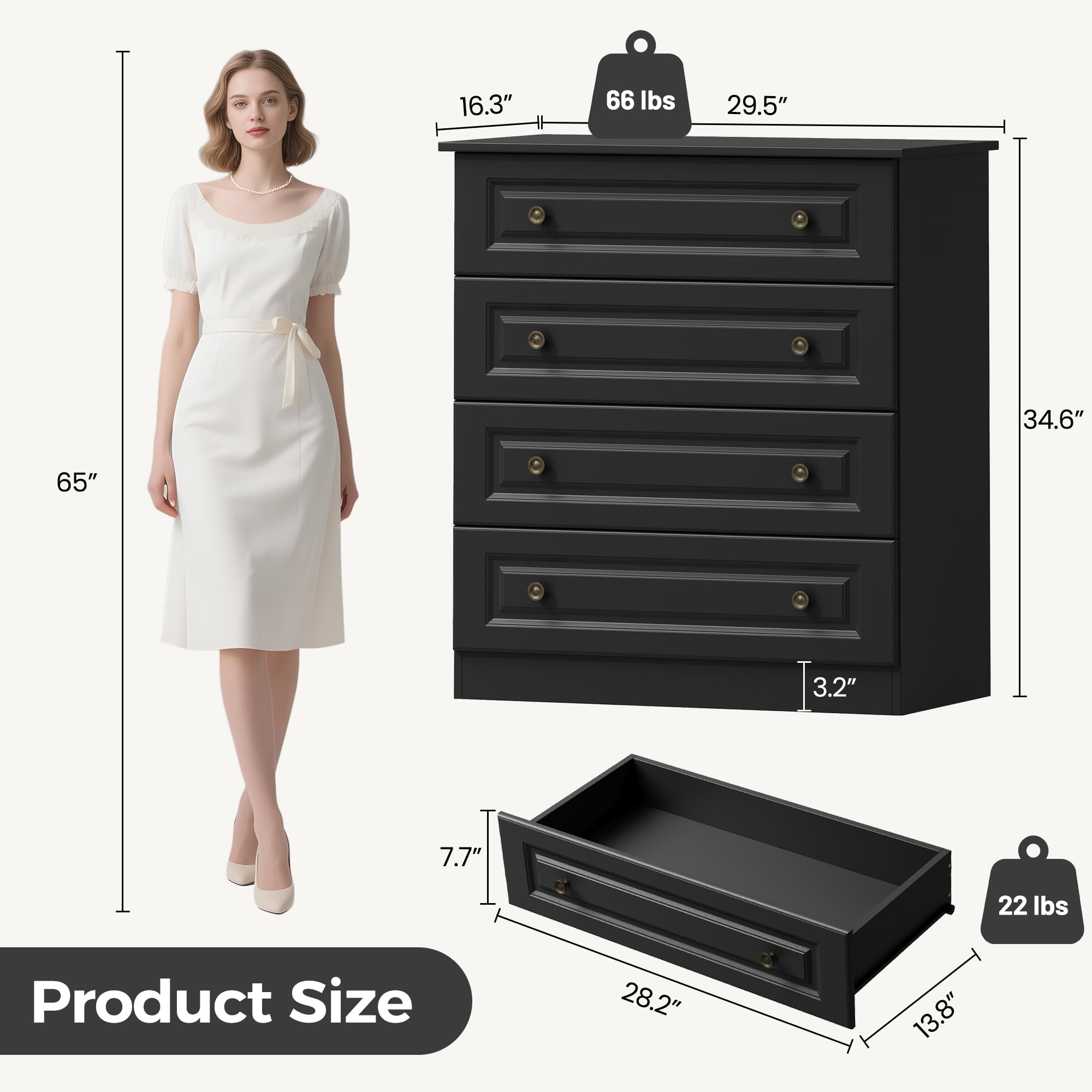 4-Drawer Dresser, 34.6” Tall Black Dresser for Bedroom Storage, Hallway Chest with Large Drawers, 29.5” Wide Space Saving Furniture