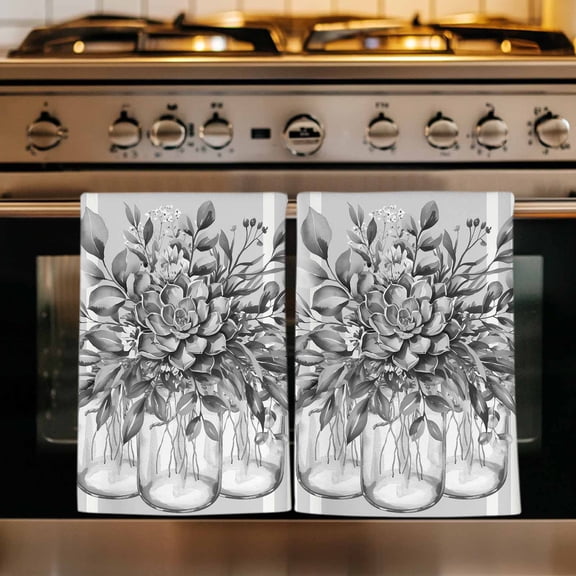 Eucalyptus Grey Kitchen Towels Set of 3, Vintage Bottle Succulents Flower Stripes Absorbent Dish Towels for Kitchen, Microfiber Hand Towel, Quick Drying Tea Towel for Cleaning Decorative Dishcloths