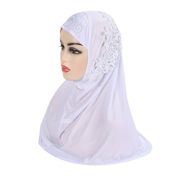 Women Solid Color Lace Glittering Rhinestone Muslim Hijab Wrap Islamic Scarf Cap Head Cover