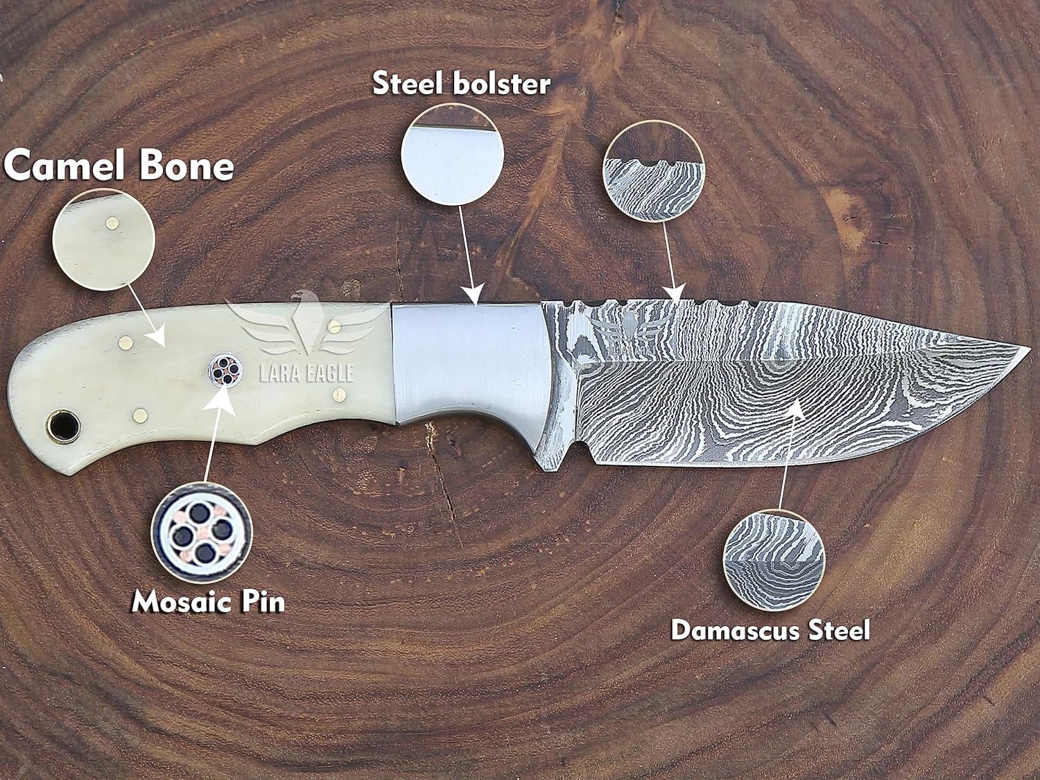 Lara Eagle Damascus Hunting Knife - Fixed Blade Handmade Skinner with Sheath - 7.5 inch Survival Knife - Camel bone Handle with mosaic pin