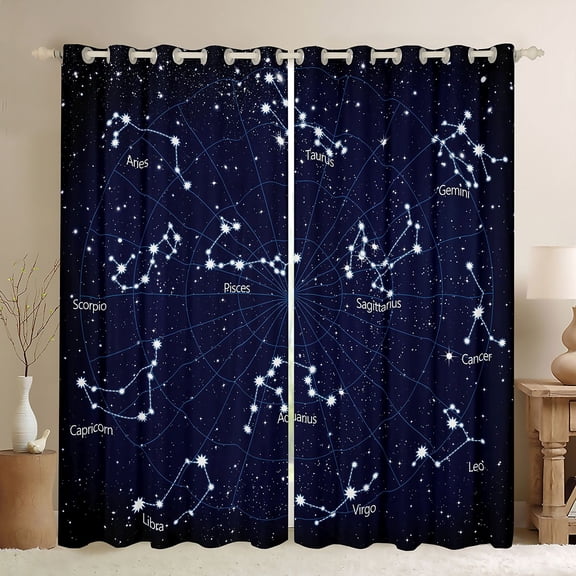 Homewish Navy Mystic Astrology Black Out Curtains, Dreamy Starry Sky Curtains Pack of 2 (42x63 Each), Glitter Stars Print Bedroom Curtains, Blackout Curtains Room Decor