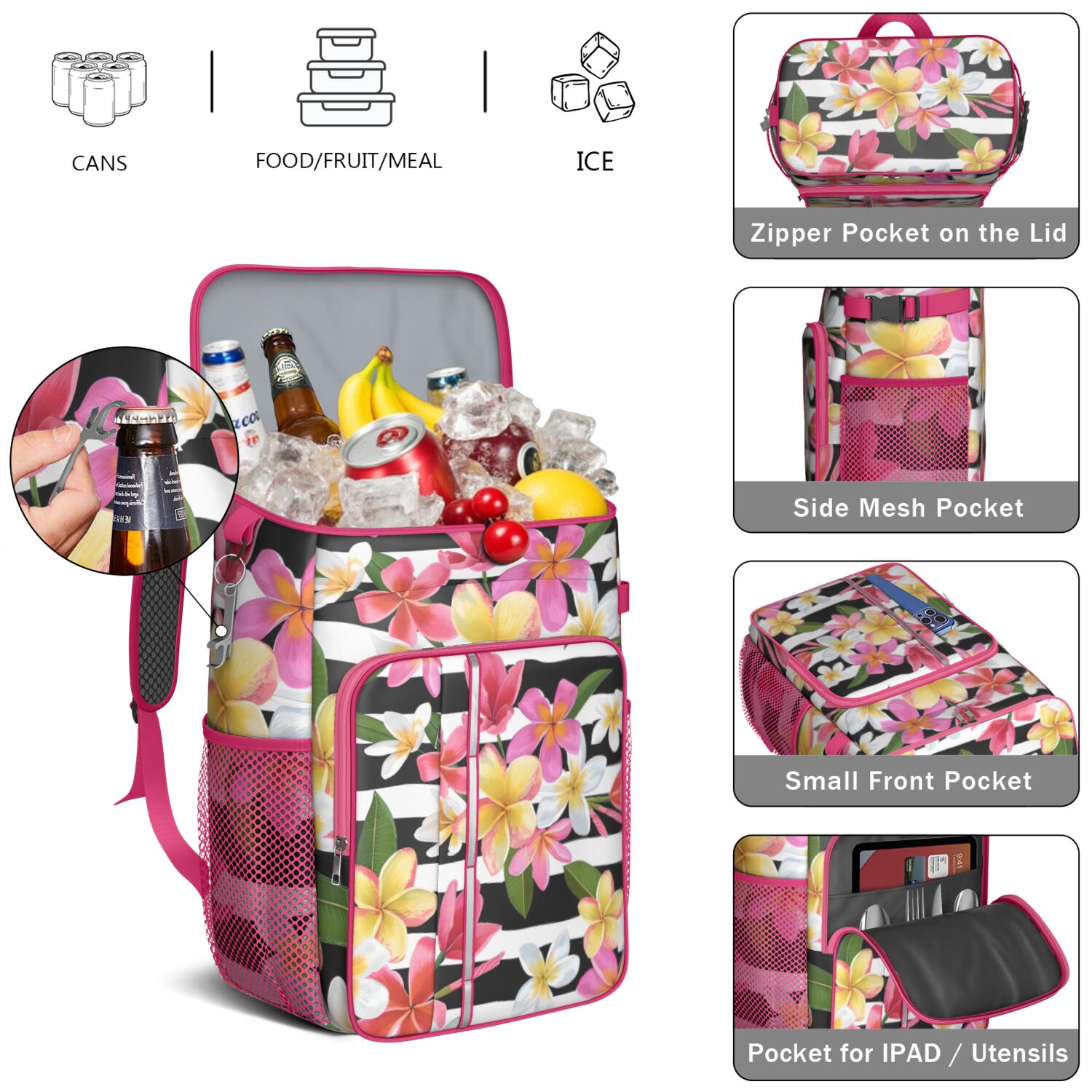 Travel Cooler Bag - Pioneer Flower Floral Print Pattern Camping Beer Cooler Backpack with Bottle Opener- Waterproof Insulated Picnic Backpacks - Cooler Bag for Beach