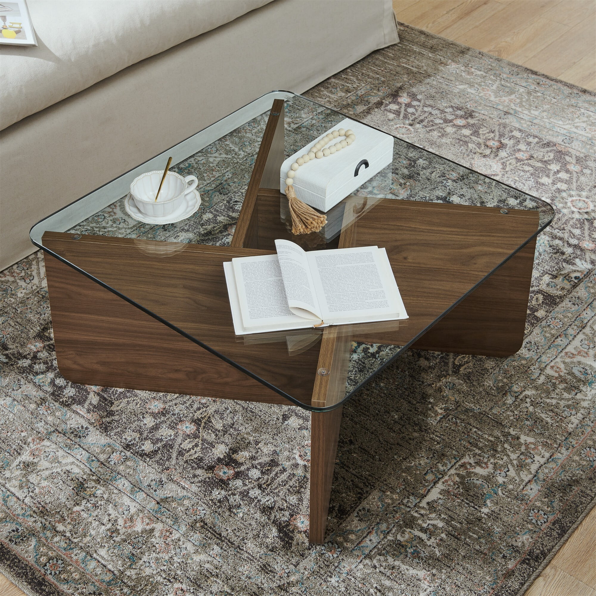 AENKYO Modern 31.5" Square Glass Coffee Table with Tempered Glass Top and Wooden X-Frame Base, Natural Color