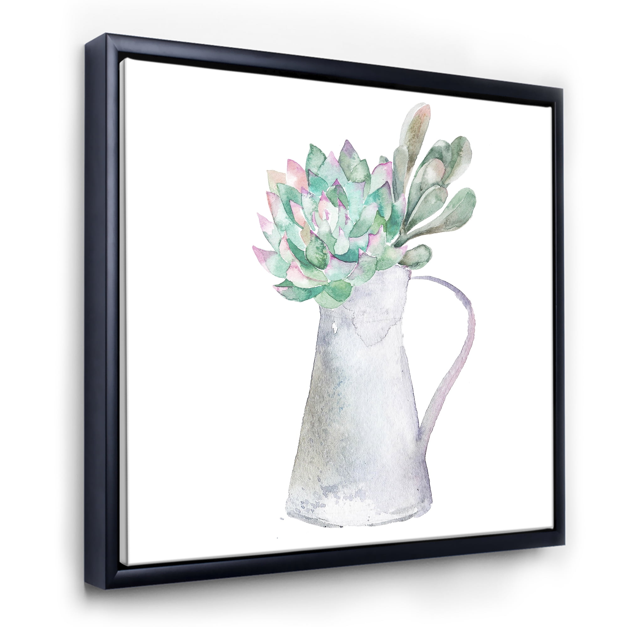 Designart 'Succulent Home Plant In Jug' Traditional Framed Canvas Wall Art Print