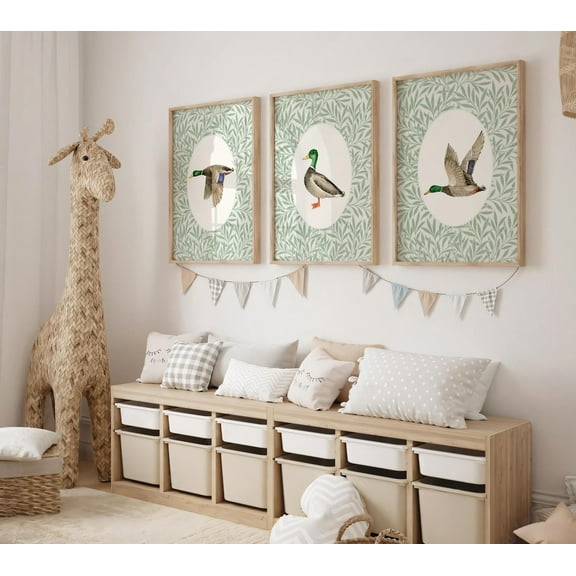 UNFFRAMED Mallard Duck Nursery Wall Art Set Of 3, Flying Duck Posters, Sage Green Baby Room Decor, Country Farmhouse Room Art, S028 Set 3 Prints 8x12