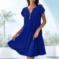 thumbnail image 3 of Vestido de Verano para Mujer, de Corta, con Botones, Cuello en V, Holgado, Informal, Fluido, Plisado, Maxivestido , Color Azul, Talla S, 3 of 5