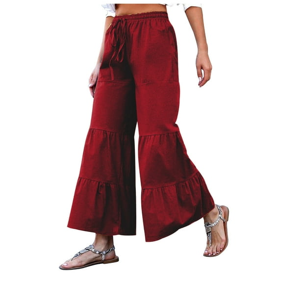 asdoklhq Womens Plus Capris,Women Casual Solid Pants Comfortable Elastic High Waist Wide Leg Casual Loose Beach Pants