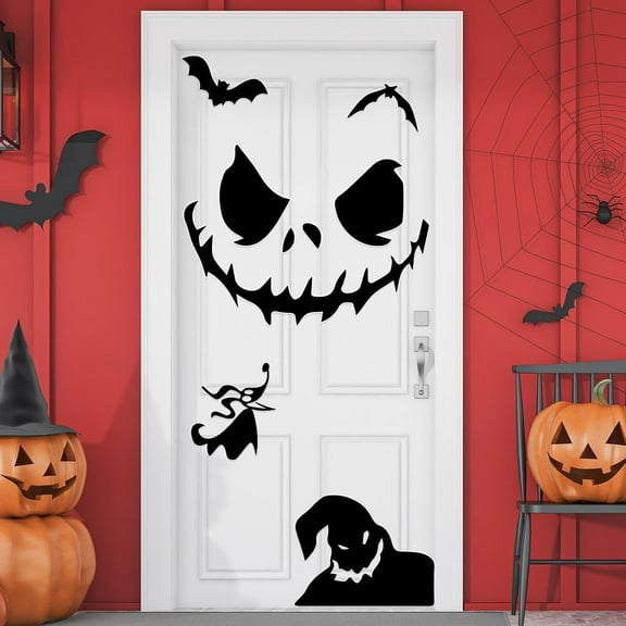 PUMIER Nitemare Before Christmas Door Stickers, 9PCS Halloween Decoration Jack Skellington Face Sticker for Halloween Wall Decor and Window Clings, Nitemare Before Christmas Window Cling Sticker