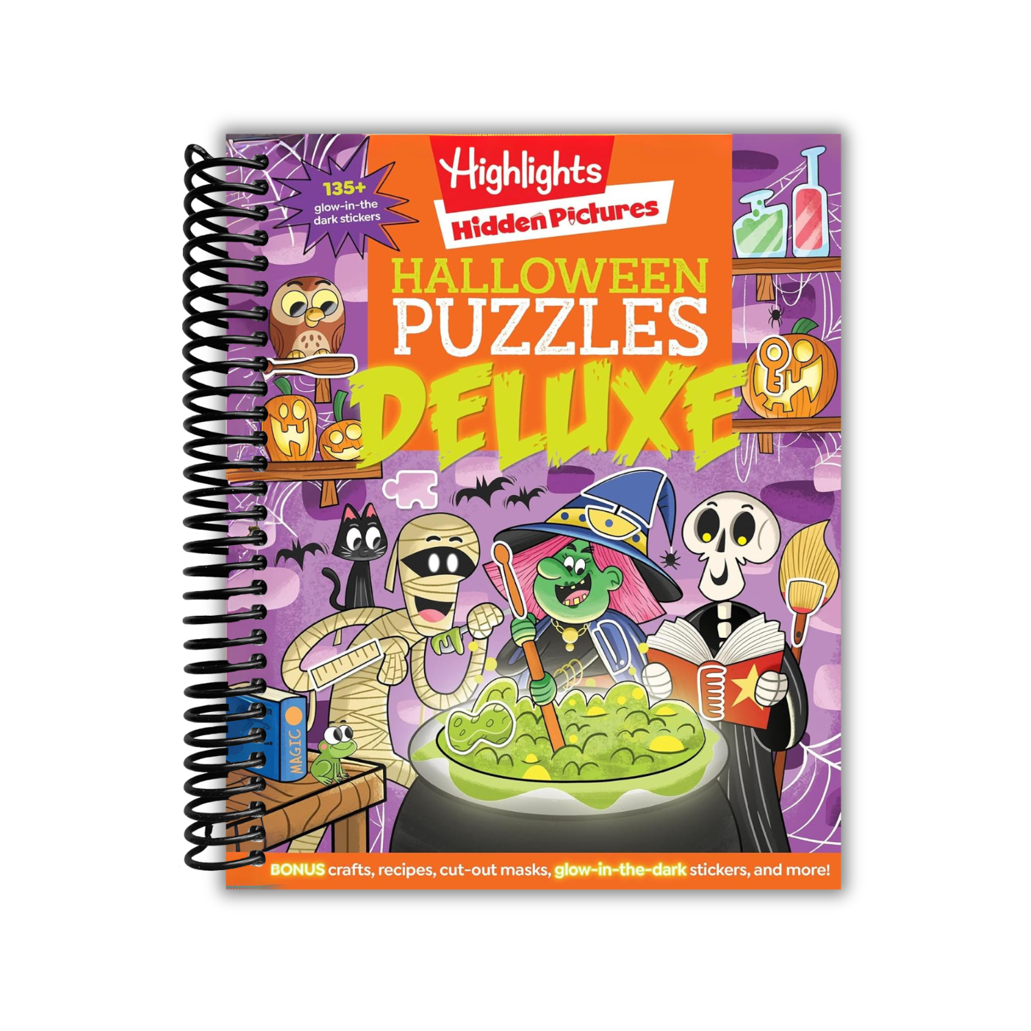 Halloween Puzzles Deluxe: Halloween Activity Book for Kids 135 Glow-in-the-Dark Stickers 96-pages of Mazes Puzzles with Halloween Crafts & Recipes (Highlights Hidden Pictures) (Spiral Bound)