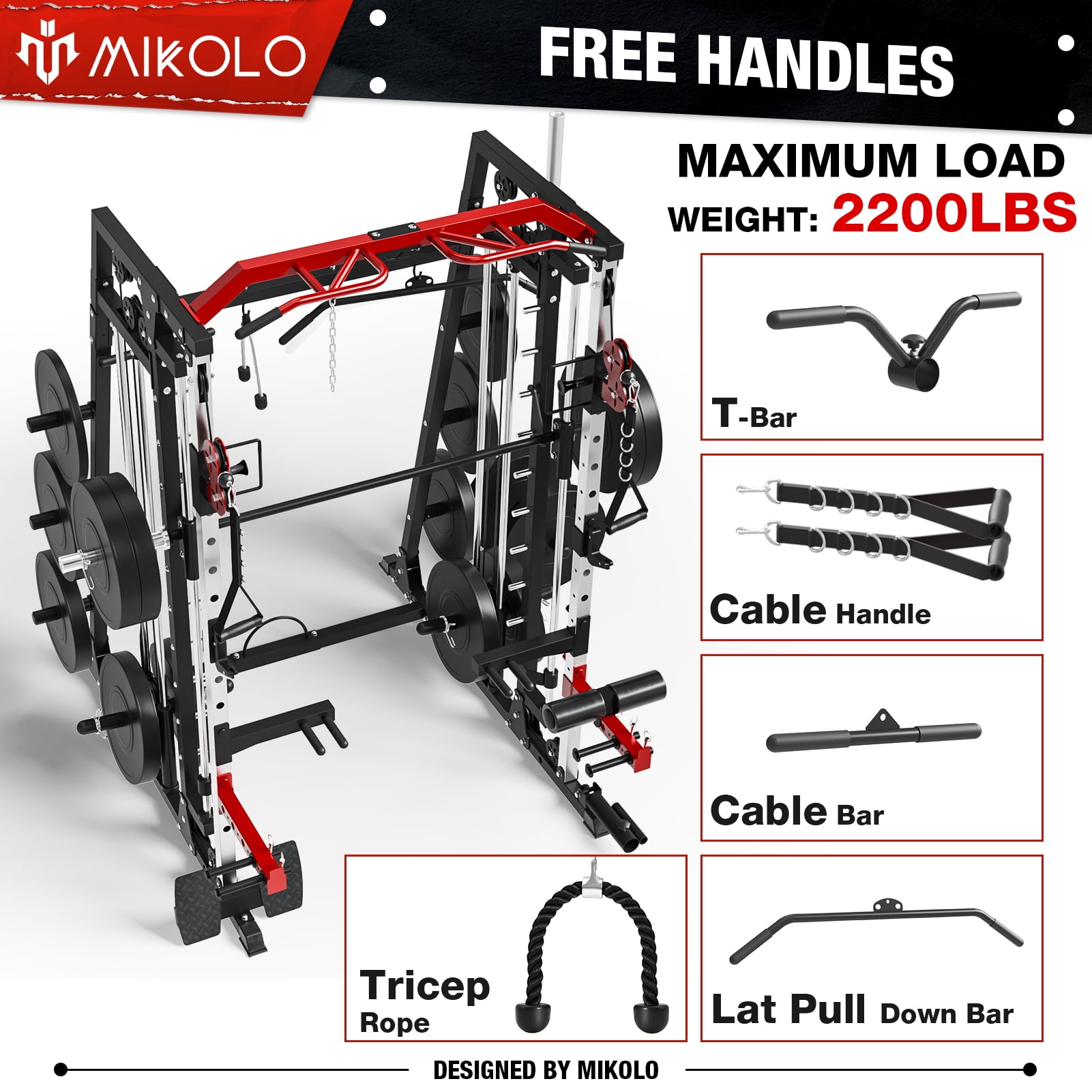 MDJB Smith Machine Home Gym, 2200 lbs Power Rack Cage with 800 lbs Capacity Adjustable Bench and Cable Crossover System, Weight Bar, 360° Landmine, Home Gym