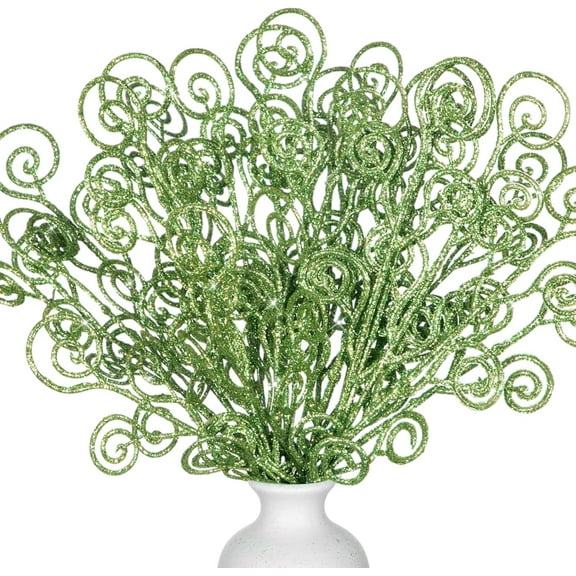 Janrevotw 30 Pcs Christmas Glitter Tree Picks and Sprays Twigs Artificial Curly Stem Picks Ornaments 12 Inch Branches Sticks for Xmas Wreath Vase Fillers Gift Decoration(Green)