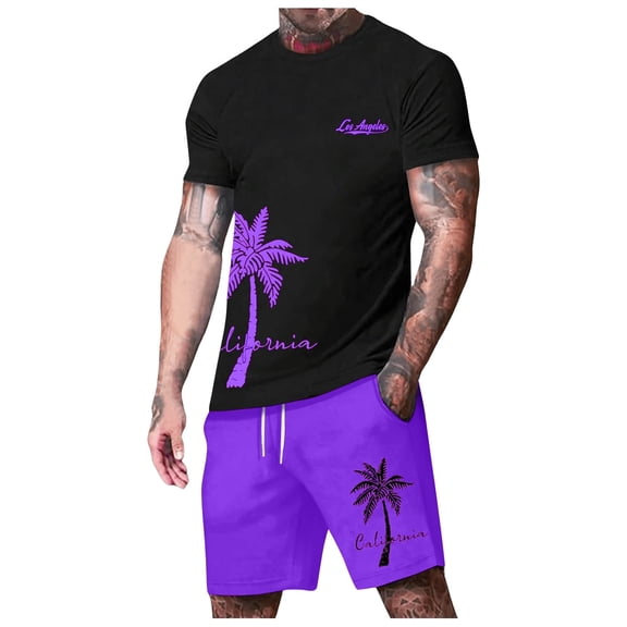 Gyexs Men's 2 Pieces Outfit Short Sleeve Hawaiian Print Tee and Graphic Drawstring Waist Shorts Sets Summer Clothes Purple, Size M