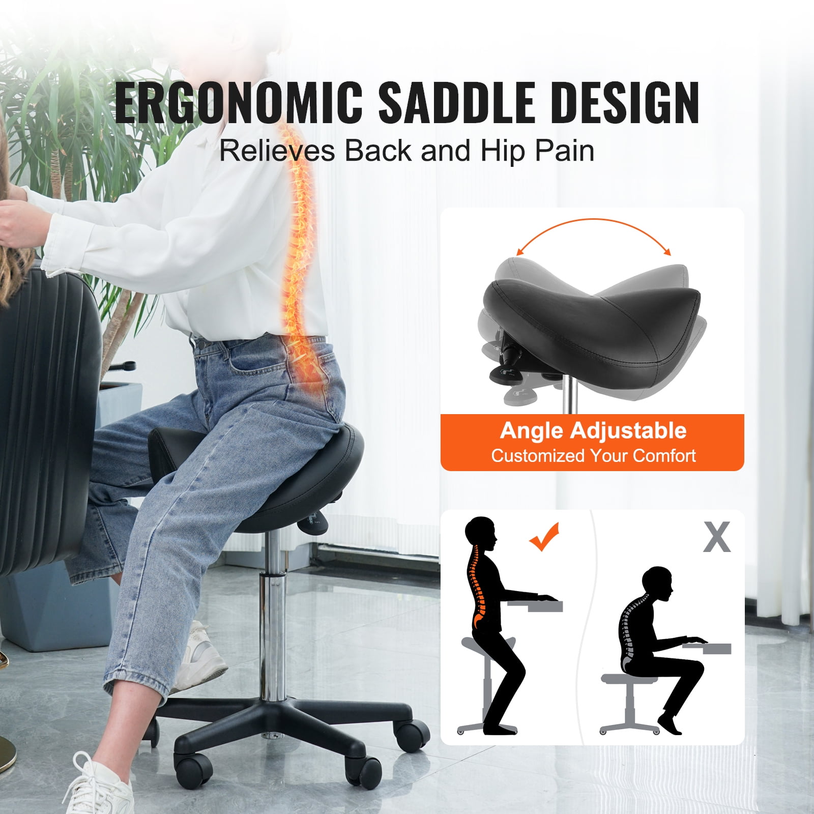 KFFKFF Saddle Stool with Wheels, Height Adjustable Thickened PU Leather Swivel Saddle Stools Chair for Salon, Spa, Tattoo, Clinic, 400 LBS Weight Capacity Ergonomic Rolling Saddle Stool, Black