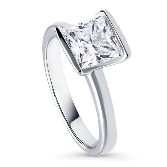 BERRICLE Sterling Silver Solitaire Wedding Engagement Rings 2 Carat Half Bezel Set Princess Cut Cubic Zirconia CZ Ring for Women, Rhodium Plated Size 8