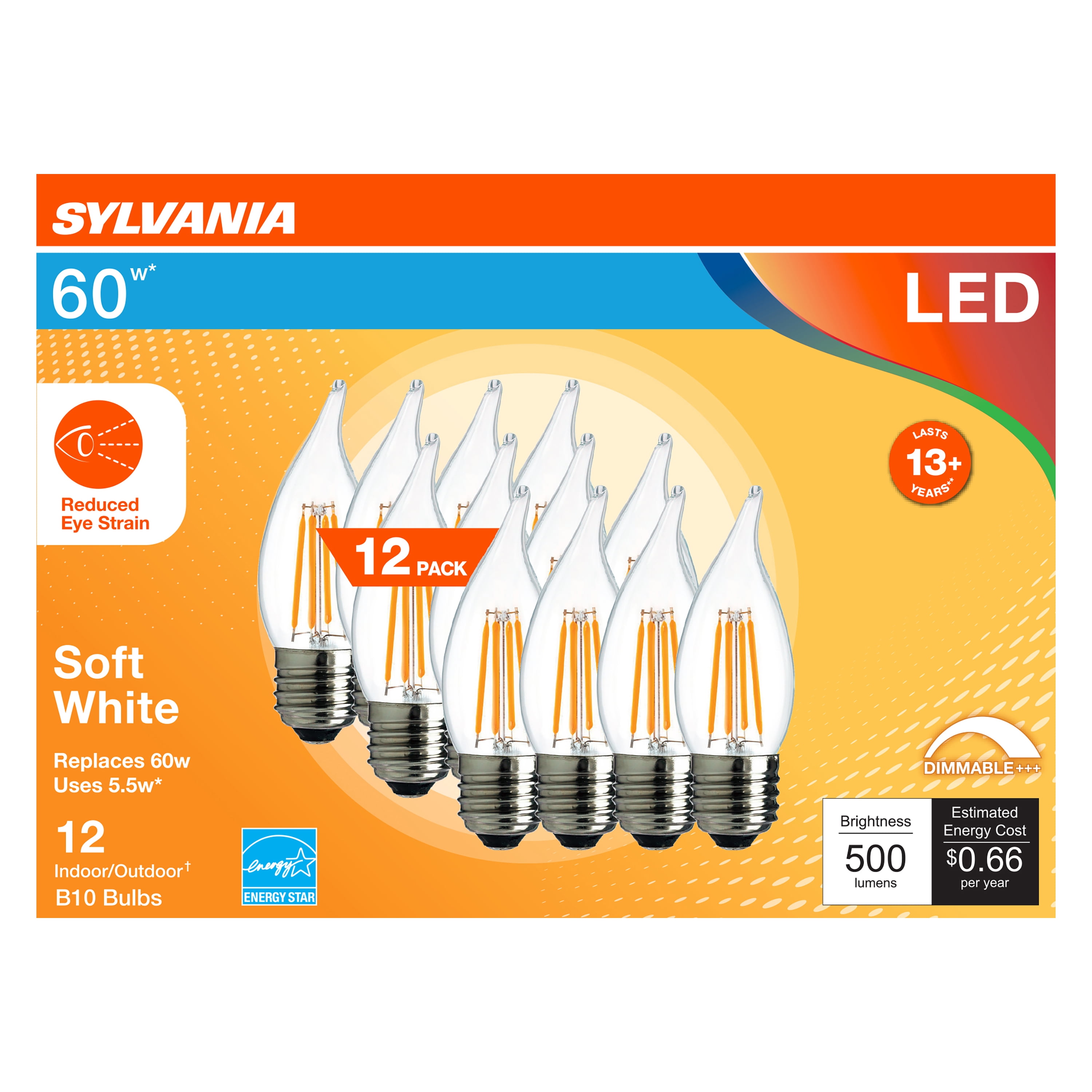 Sylvania LED Reduced Eye Strain B10 Light Bulb, 60 watts, Dim, Soft White, 12 Pack