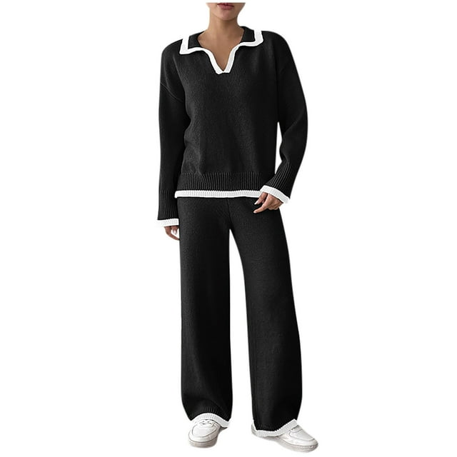 ShomPort Womens 2PC Matching Set Tennis Collar Long Sleeve Ribbed Cuff Sweater Full Length Loose Pants Comfy Trendy Knit Outfits