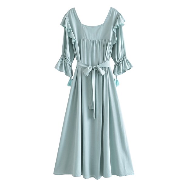 Vestido de manga corta con cuello cuadrado vintage de TEELYNN para mujer, vestidos casuales de verano con volantes y cintura alta, vestidos bohemios con borlas 2022