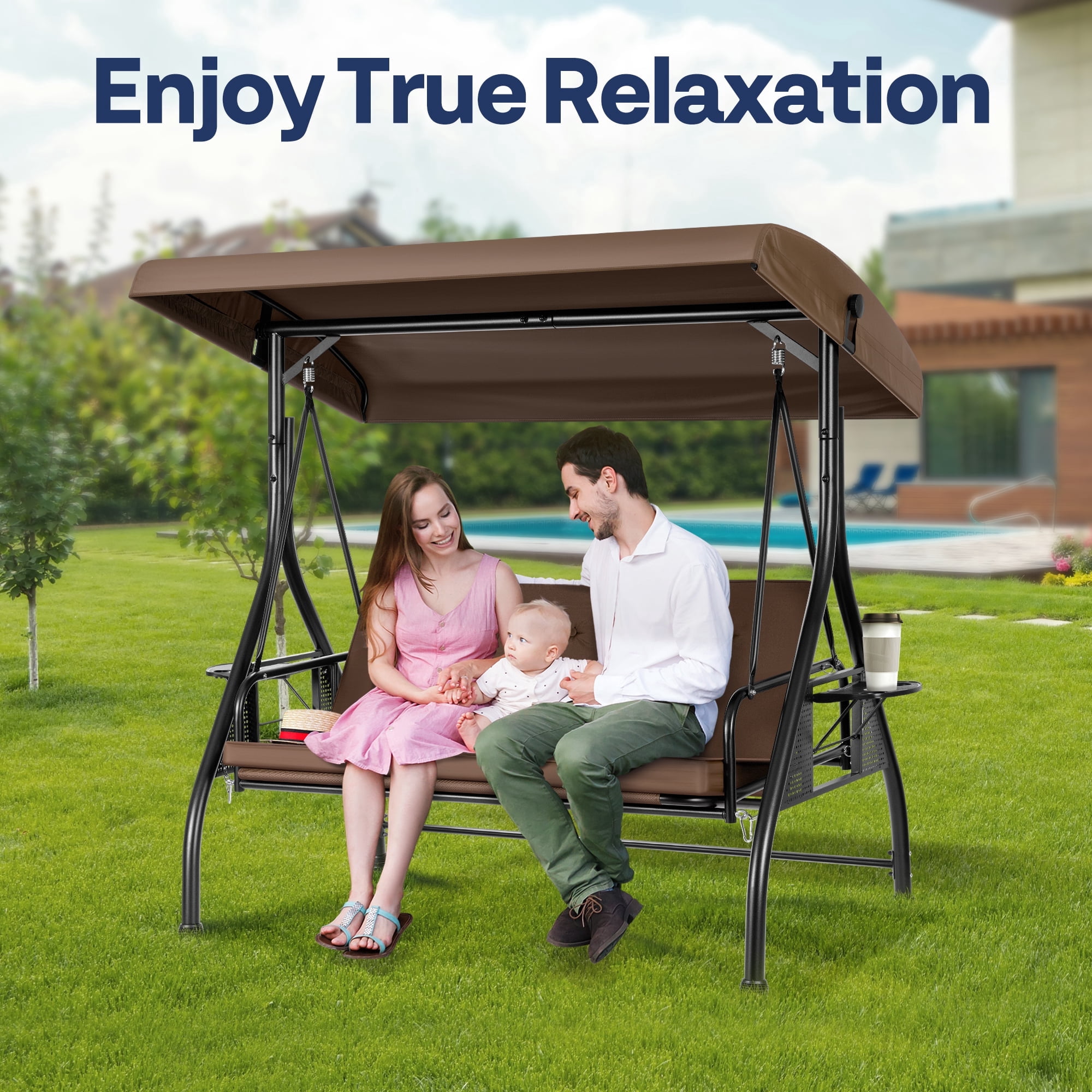 SPECSTAR 3 Seats Patio Swing Chair, Outdoor Converting Canopy Swing Chair w/ Removable Cushion,Swing Glider Hammock for Patio, Garden, Brown