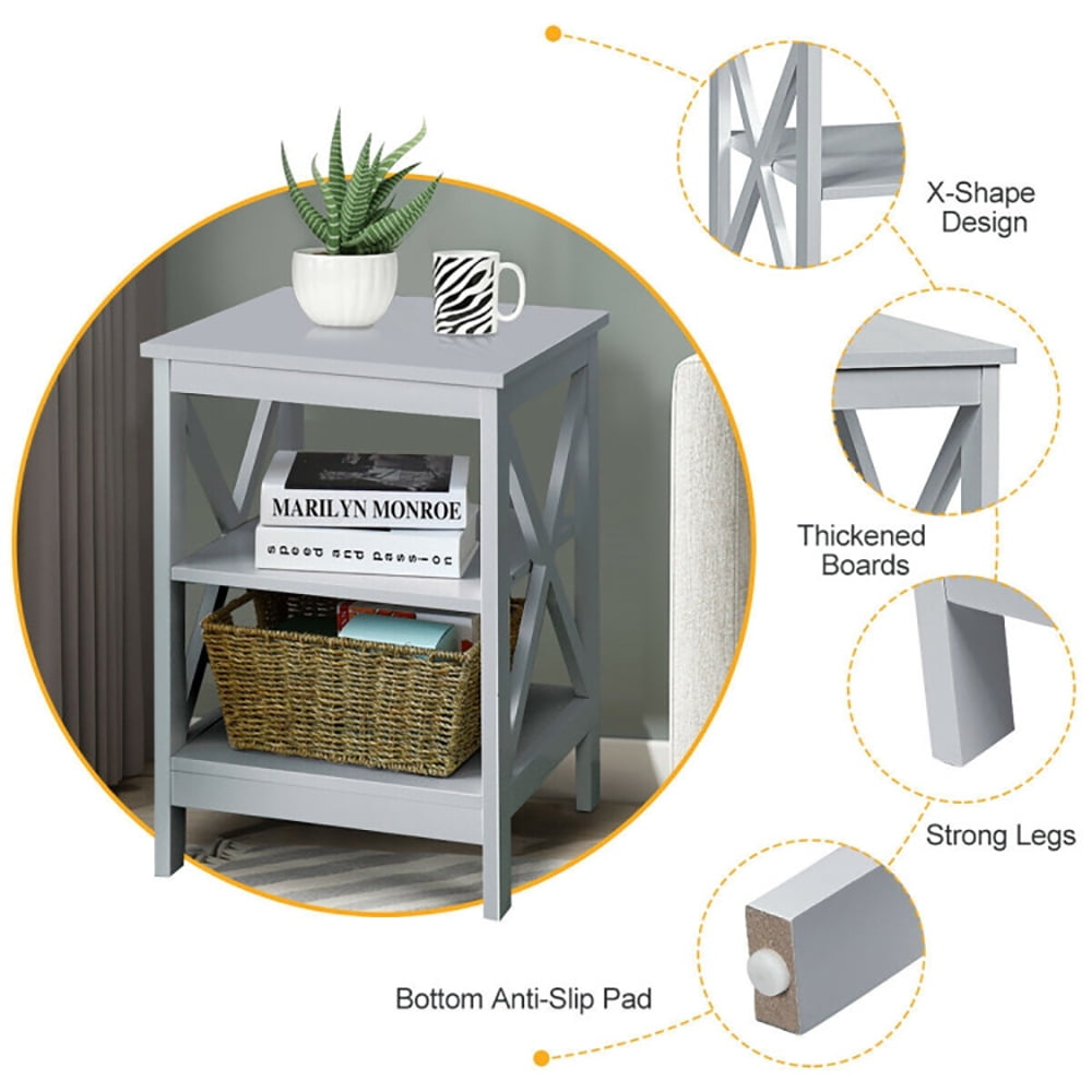 Finihen End Table, 3-Tier Nightstand End Table with X Design Storage, Bed Side Tables, for Living Room, Bedroom, Black Finihen End Table, 3-Tier Nightstand End Table with X Design Storage, Bed Side Tables, for Living Room, Bedroom, Black